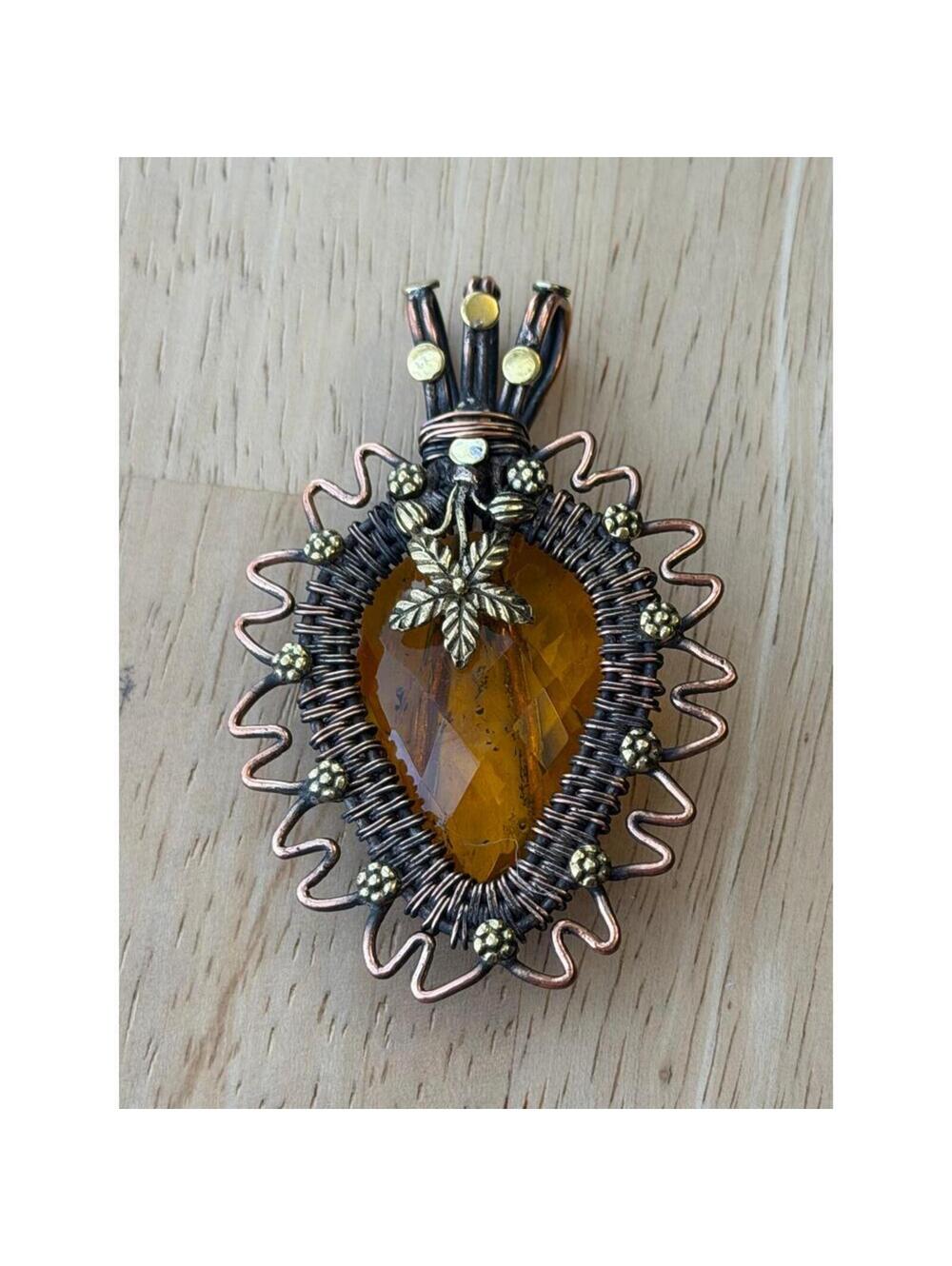 Handcrafted Wire Wrapped Amber Pendant with Leaf Detail